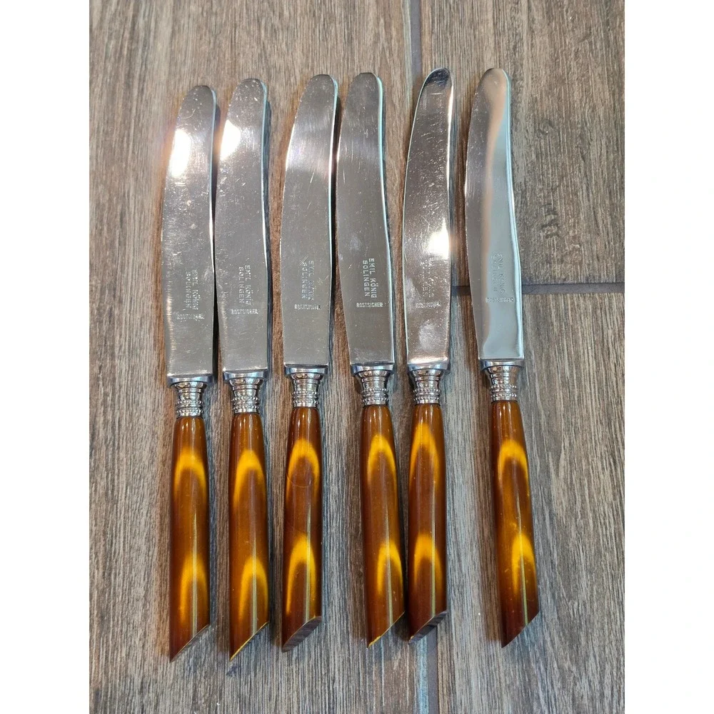 Emil Konig Solingen Vintage Flatware Set 12pc Faux Horn Amber Handles Germany